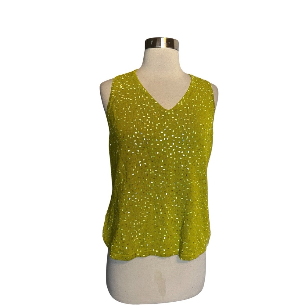 Double D Ranch Sequined Sweater Top Ladies M Chartreuse Linen Blend Sleeveless